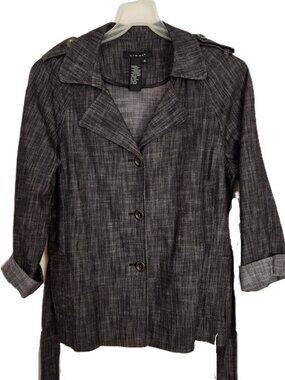 Trench Coat Sz XL Grey /Black Jacket w Belt Long Sleeves Single Breasted